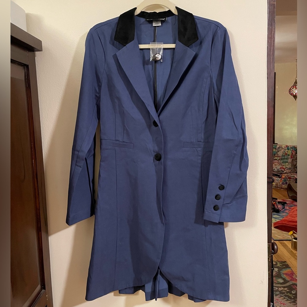 NWOT Blue Dress Coat Black Velvet Trim